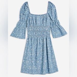 Topshop Prairie Shirred Floral Print Light Blue Denim Mini Dress. Square Neck.